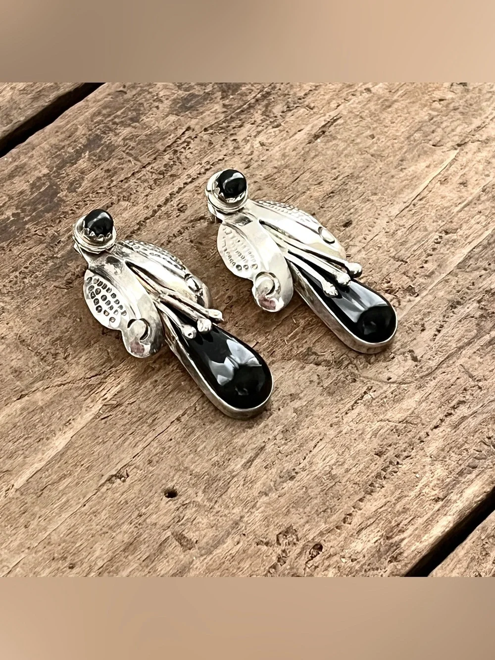 Vintage Taxco Sterling Silver Black Onyx Jacket Earrings 2 in 1 Convertible - Picture 3 of 10